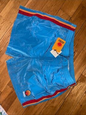 Zara Men's Bright Blue Athletic Shorts with Red and Yellow Trim
